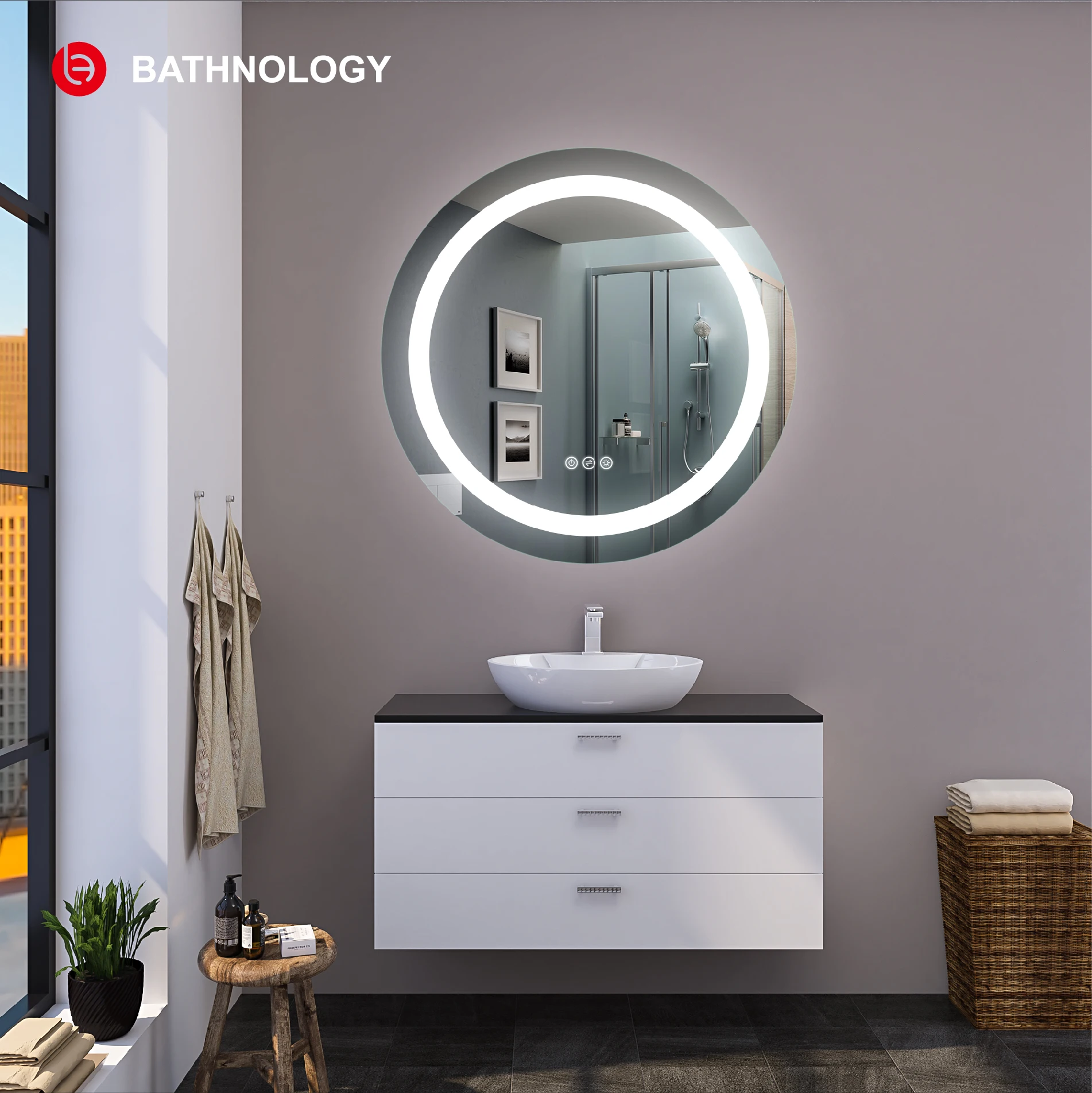 MF0606D Led Illuminated Bathroom with Smart Touch Screen Smart Round Mirror Magnifying Graphic Design Free Spare Parts Modern