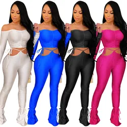Fashion women long sleeves plus size off shoulder crop top sexy bandage stacked pants set