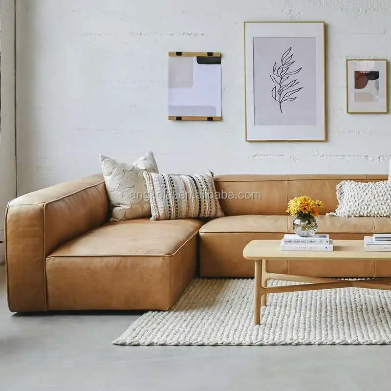 定制豪华100% 顶级粒面皮革沙发复古棕色仿旧皮革沙发客厅角分段沙发