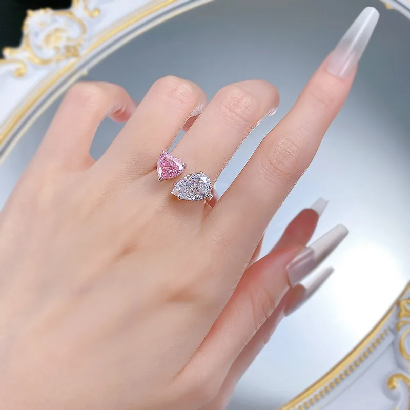 2025 Open Ring High Carbon Diamond Water Drops Ice Flower Cut White Diamond Pink Diamond Raydean Rhodium Plated