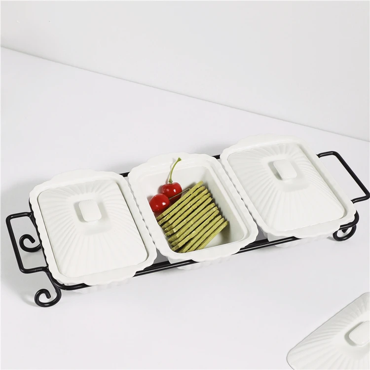 Wholesale bulk durable 3 compartment custom porcelain snack serving bowl set with iron rack.jpg