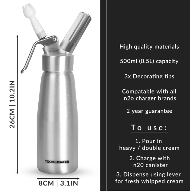 Aluminum 500ml Cream Gun Fresh Cream Foamer Siphon Bottle w/3 Nozzl R UK 