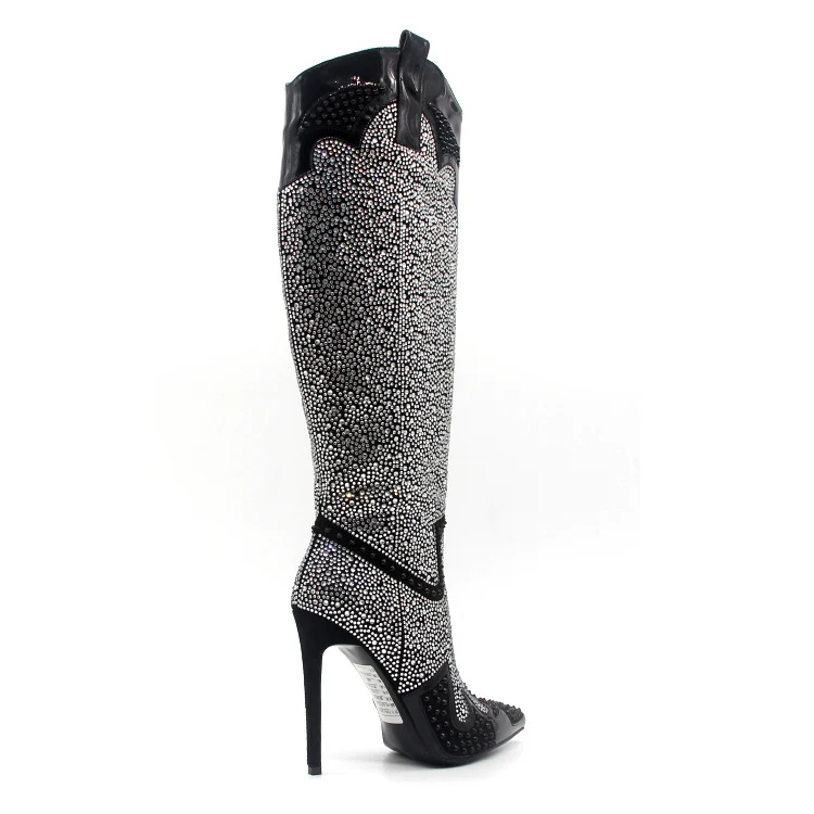 钻石长靴女鞋鞋跟水钻性感鞋女士靴子时尚高跟鞋女靴