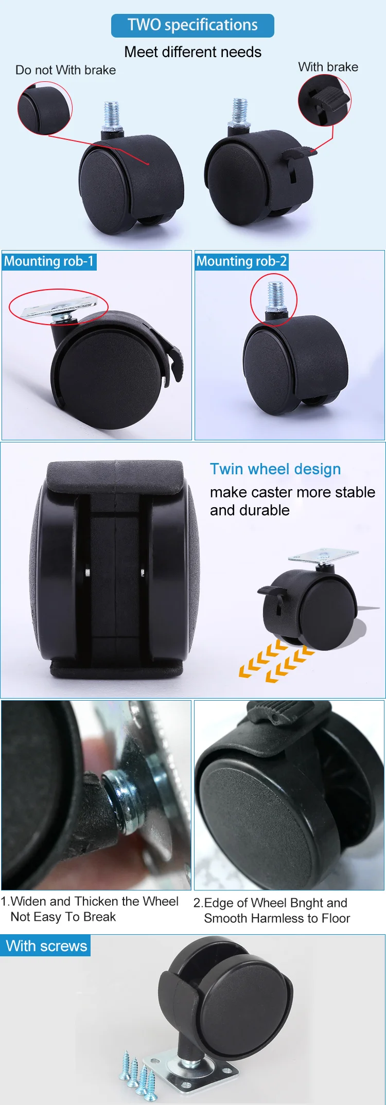 Top Plate Rigid Fixing Caster Wheel Office Chair Caster Furniture ...