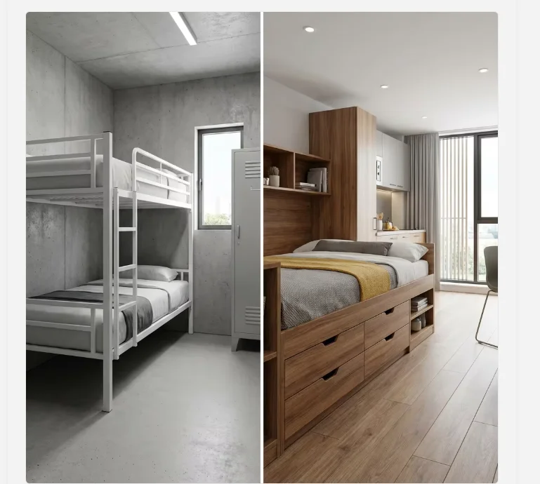Professional PBSA studio apartment furniture set featuring wood-finish bed and integrated workspace.