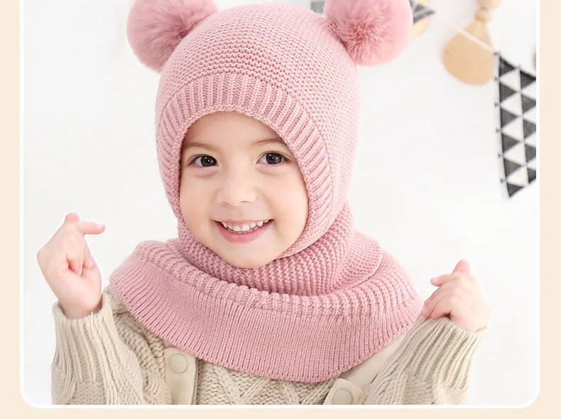 Baby Boy Girl Winter Hat Scarf Toddler Girls Earflap Cap Thick Knitted Pompom Hats 