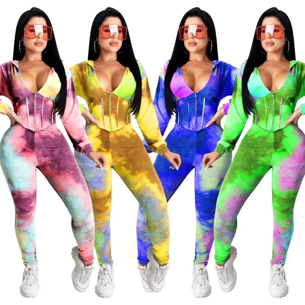 X3686 New collections wholesale tie dye long sleeve women casual sets hooded bodycon zipper fall outfit beautiful winter 2 piece