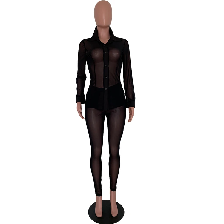 Sexy Ladies Club Wear 2 Pcs Outfits Long Sleeve Skinny See Through Mesh Party Clothing Women Two Piece Set