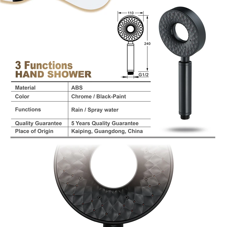 Shower Accessories Bathroom Black Round ABS Three Function Rain Hand Shower