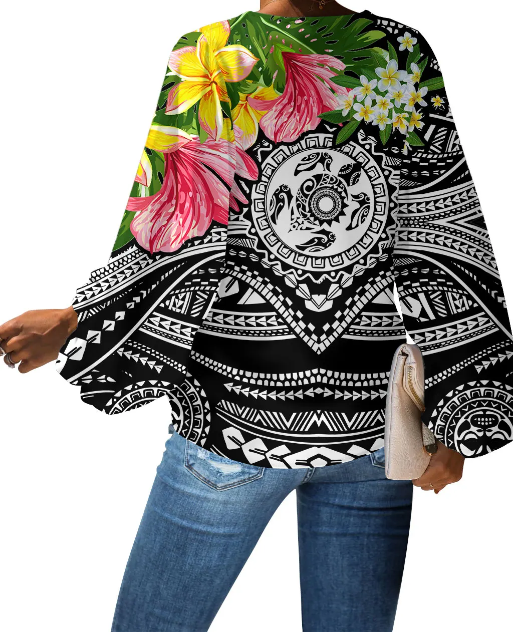 新品上市波利尼西亚传统部落萨摩亚风格印花女士长款灯笼袖雪纺衬衫