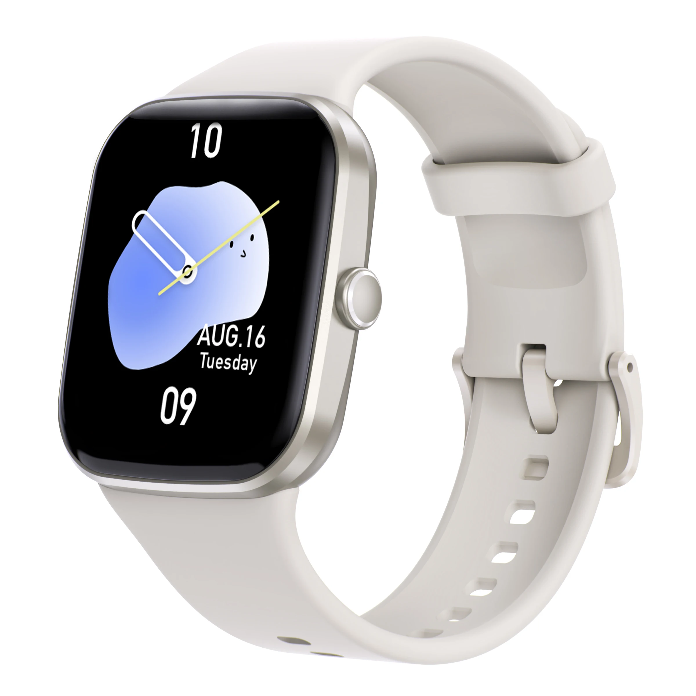 Front view of a rectangular Android smart watch V1.0 showing digital display and silicone strap