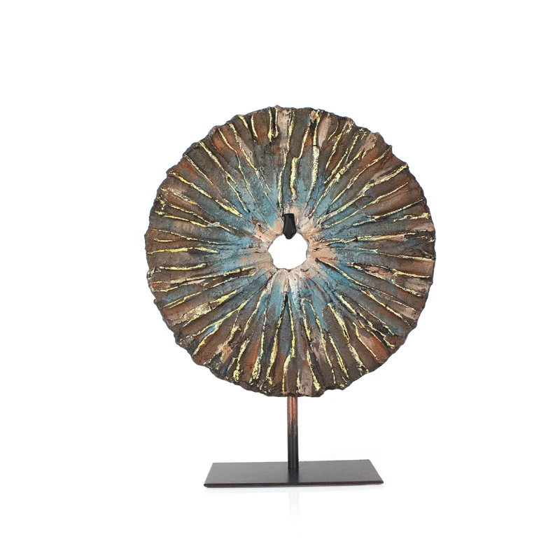 New Abstract Design Oil Painting Finish Round Resin Plate Statue On Metal Base For Interior Home Decor supplier