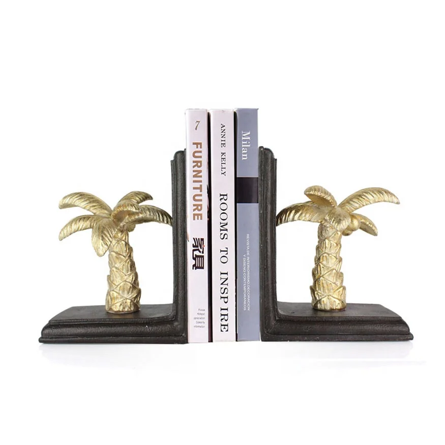 Modern Resin Bookend Coconut Tree Look Gold Leaf Home Accessories Gold Bookends Handmade Gold Plated Home Decor Sculpture 50 Set details