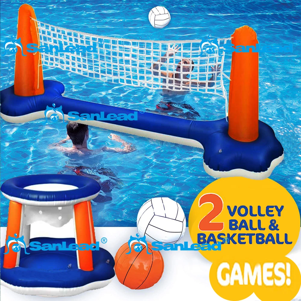Sanlead Inflatable Pool Float Set Volleyball Net & Basketball Hoops ...