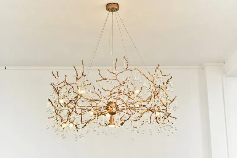 MEEROSEE New Popular Golden Brass Tree Branch Chandelier Fancy Crystal Raindrop Lighting Fixture Hanging for Hotel MD86197