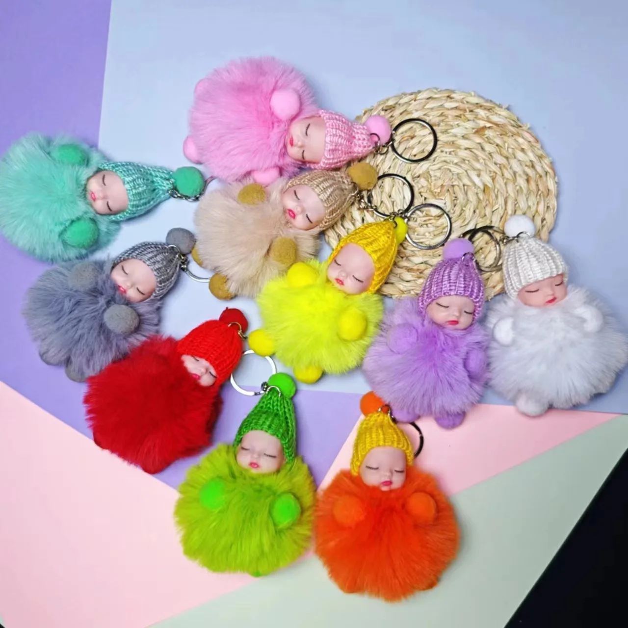 Porte-clé poupée bébé dormeur pompon fourrure douce sac_voghion.com