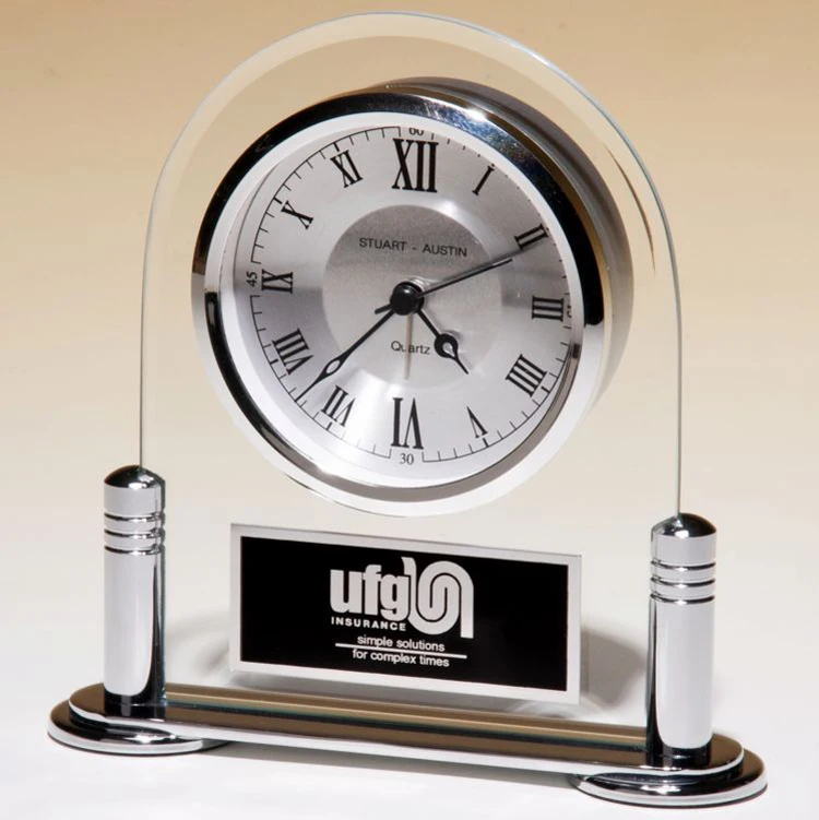 Metal Posts Arch Glass Metal Desk Clock Award