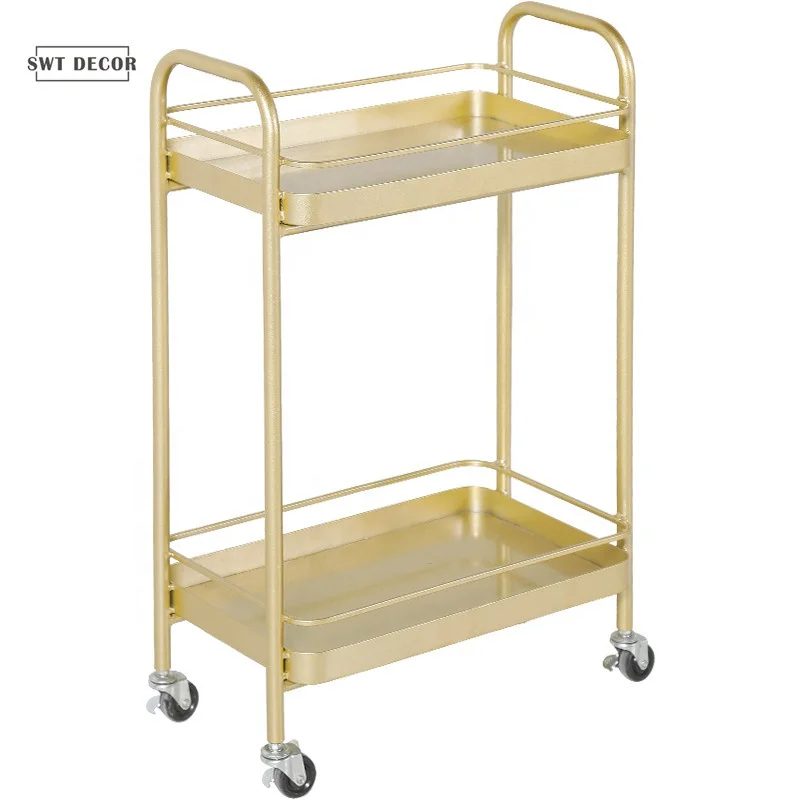 Swt Hotel Kitchen Gold Metal Mini Bar Trolley Serving Cart Trolley