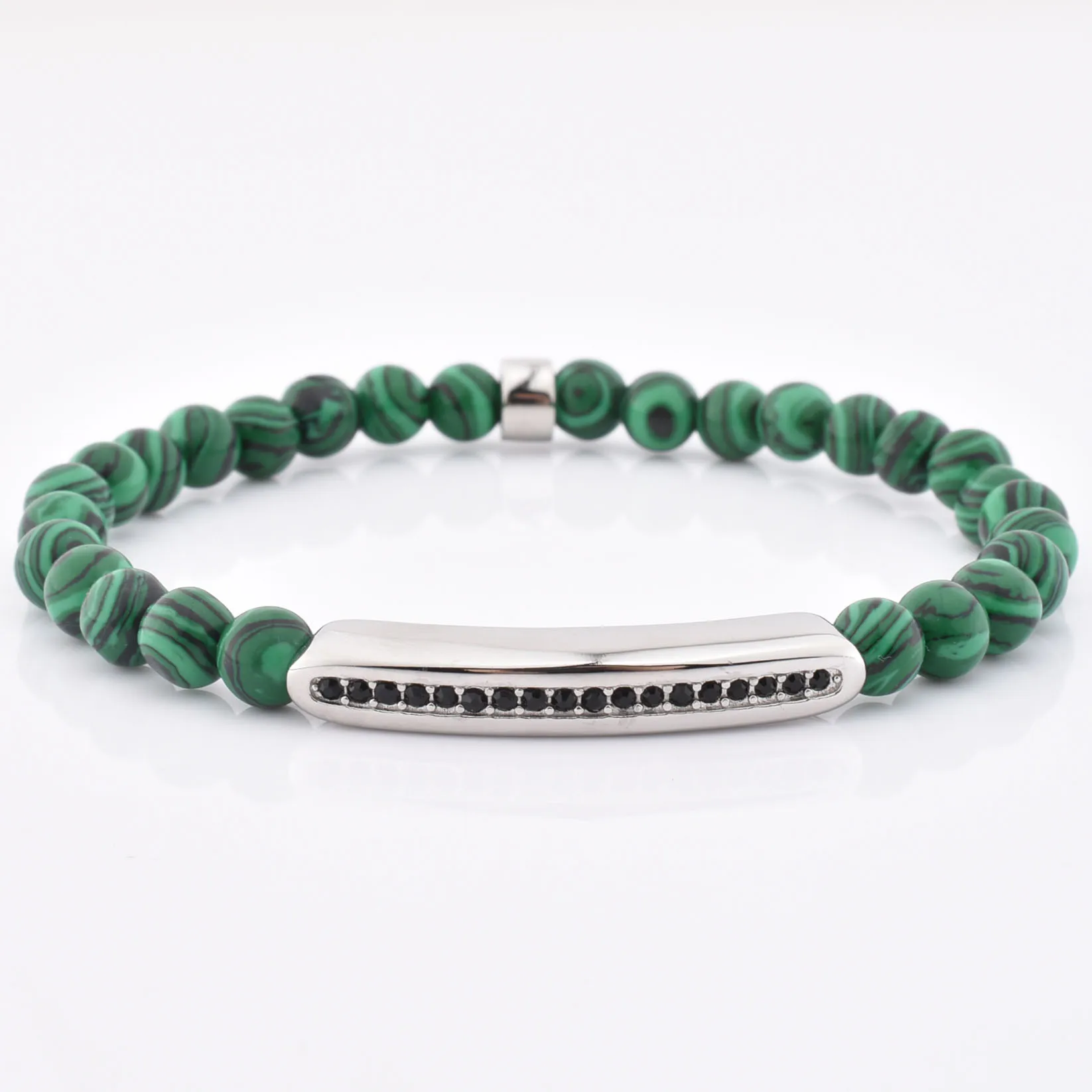 Silver Charm Black Diamond Beaded Jewelry Stretch Malachite Stone Bracelet