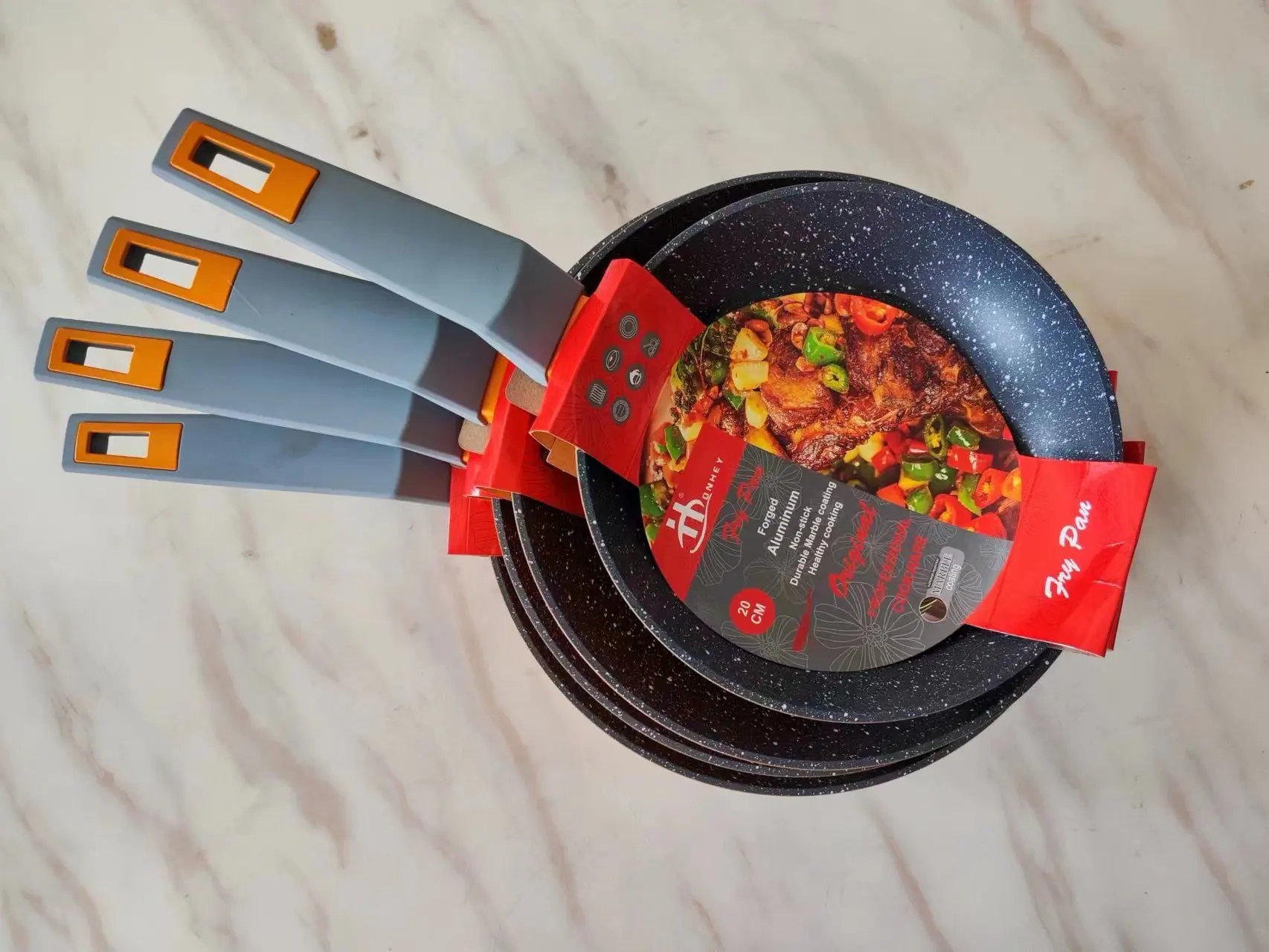 Forged aluminum induction bottom fry pan vertical grain nonstick marble ...