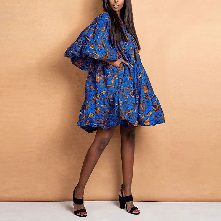 Orange Printed High Waist Back Middle Zipper Stitching Skirt Long Sleeve African Kitenge Dress Design