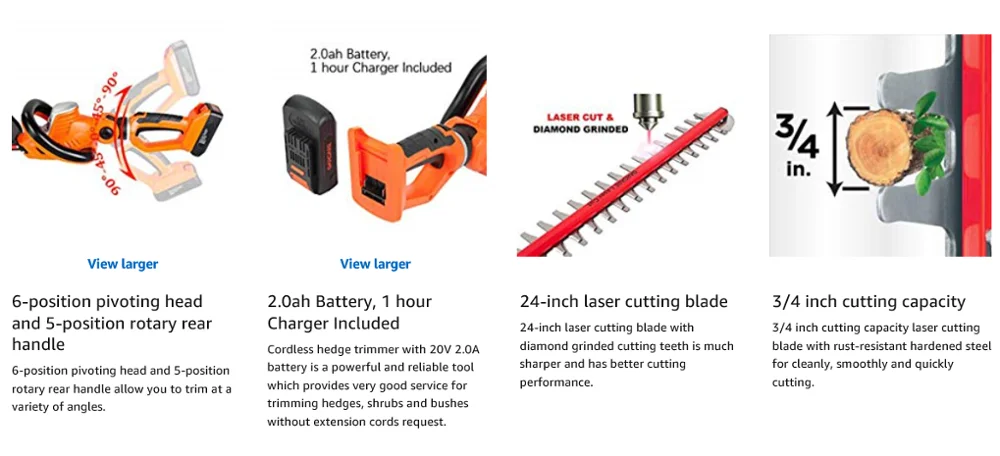 1 Hour Charger Included 2.0ah Battery GARCARE 20V Li-ion Cordless Hedge Trimmer,24 inch Laser Blade
