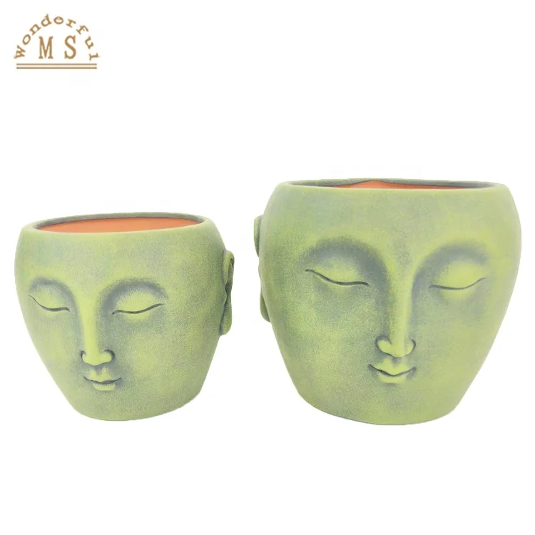 Ceramic Head Face Design Plantpot Light Green Color, Enjoy Garden Terracotta Planter,Desktop Decorative Embossed Face Flower Vse