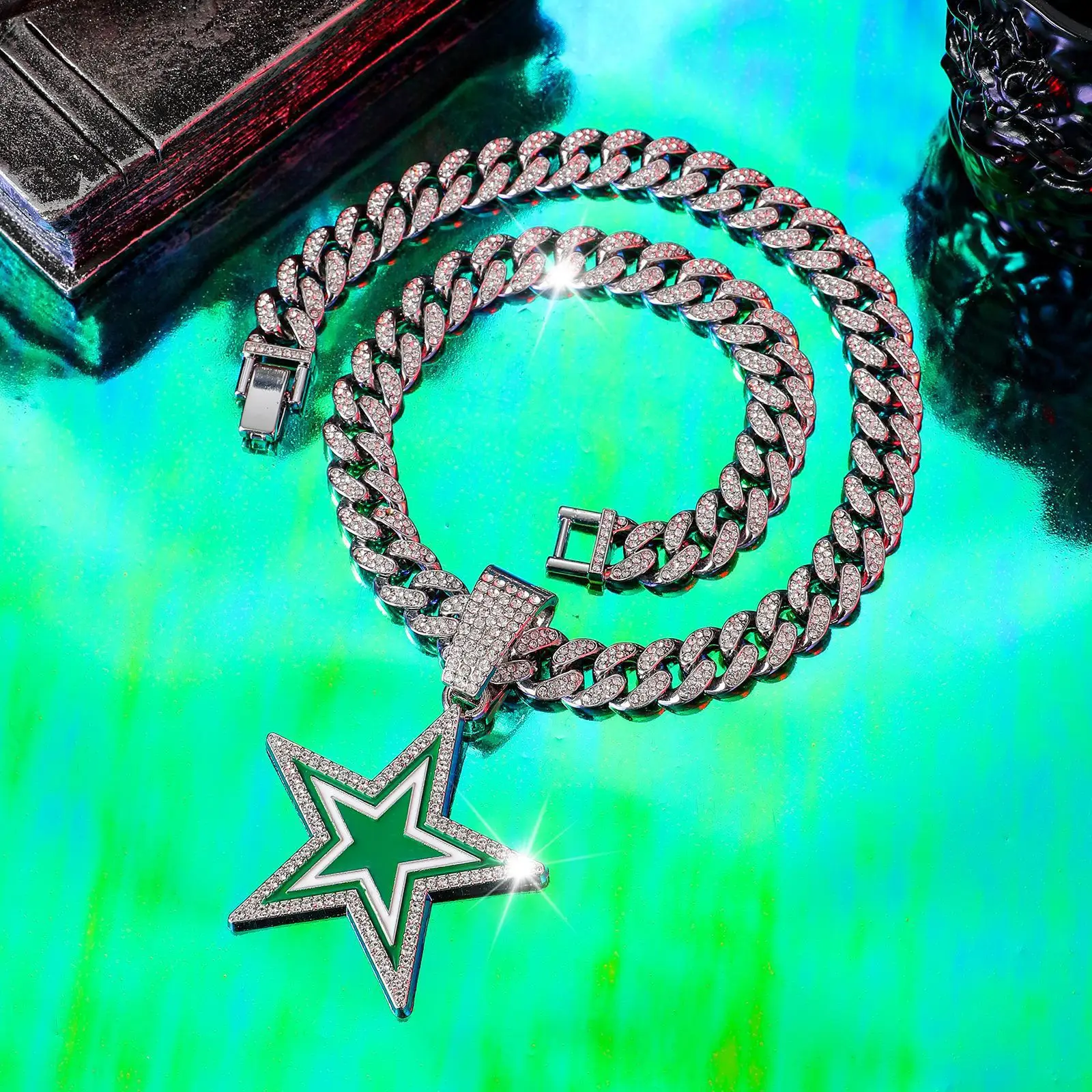 product european american style full diamond blue five pointed star pendant necklace fashionable hip hop design for men women for gift-23