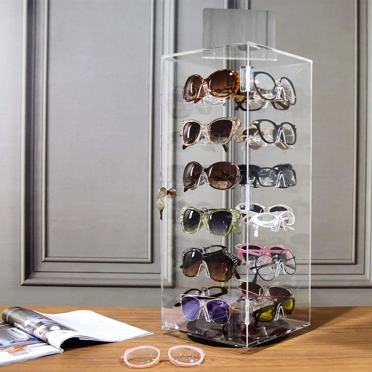 Lockable Rotating Sunglasses Display Case Accessories Storage Box