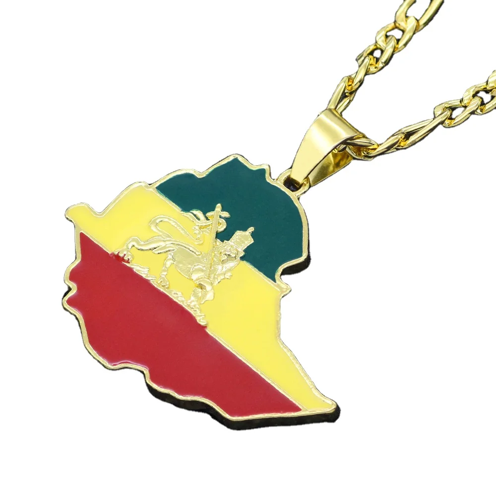 Custom Ethiopia Map Necklace-Gold Plated Ethiopia Flag-Custom Jewelry-Pendant-Alloy Necklace for Men Women