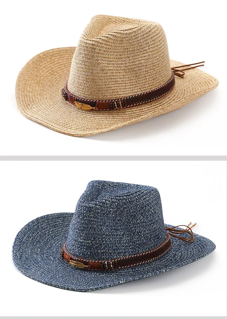Western Cowboy Style Straw Hat Unisex Hollow Western Hats Holiday Beach ...