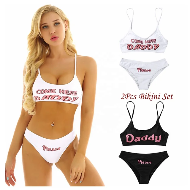 US /_Women 2Pcs Yes Daddy Printed Stretchy Mini Bra Crop Tops Briefs Lingerie Set