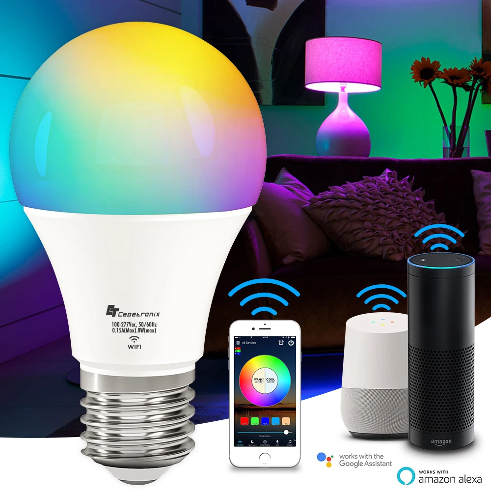 E27 Multicolor 60w Equivalent RGBCW 2700K-7000K 7W WiFi Smart Light Bulb with Phone Google Home