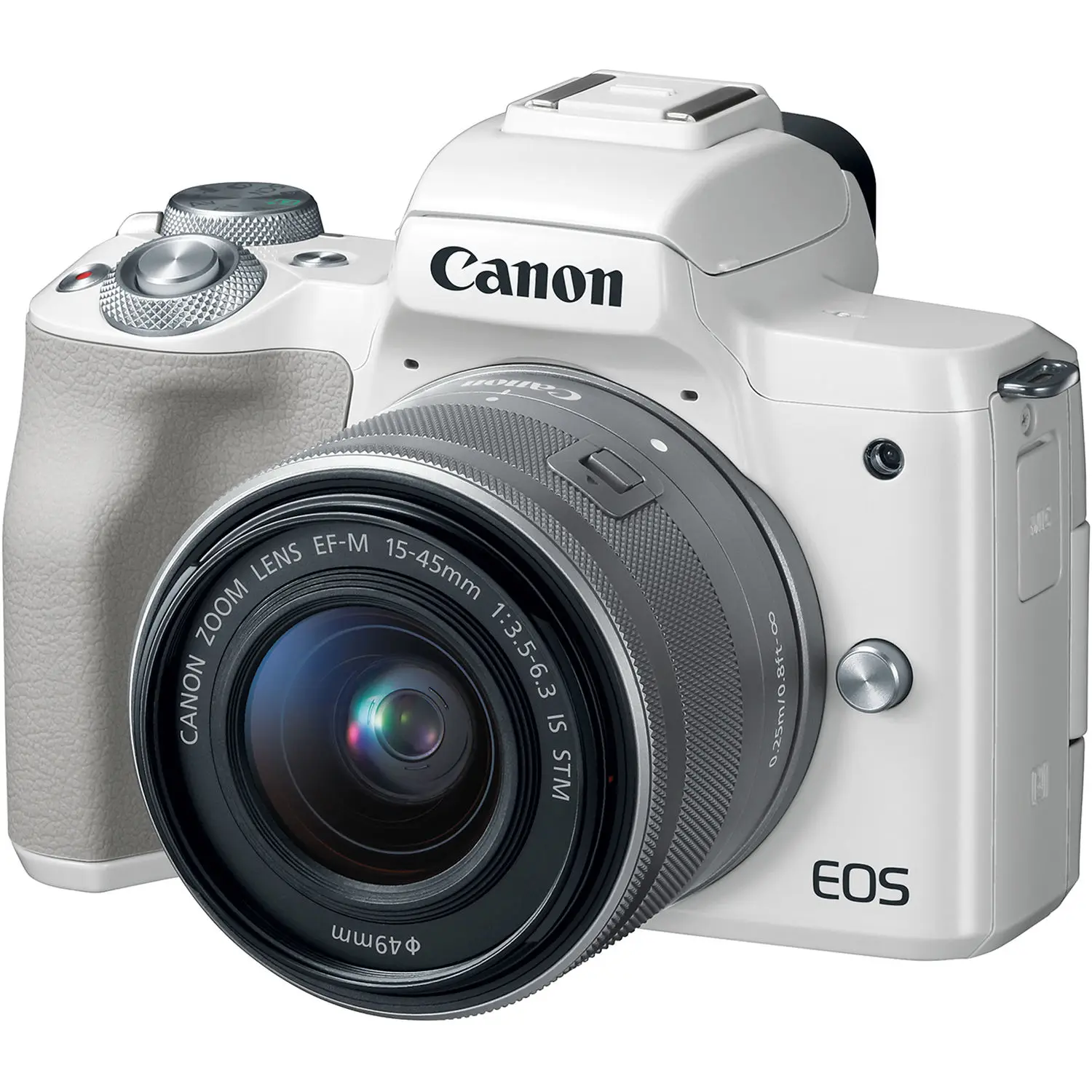 canon eos m50 white mirrorless digital camera with ef-m 15-45mm