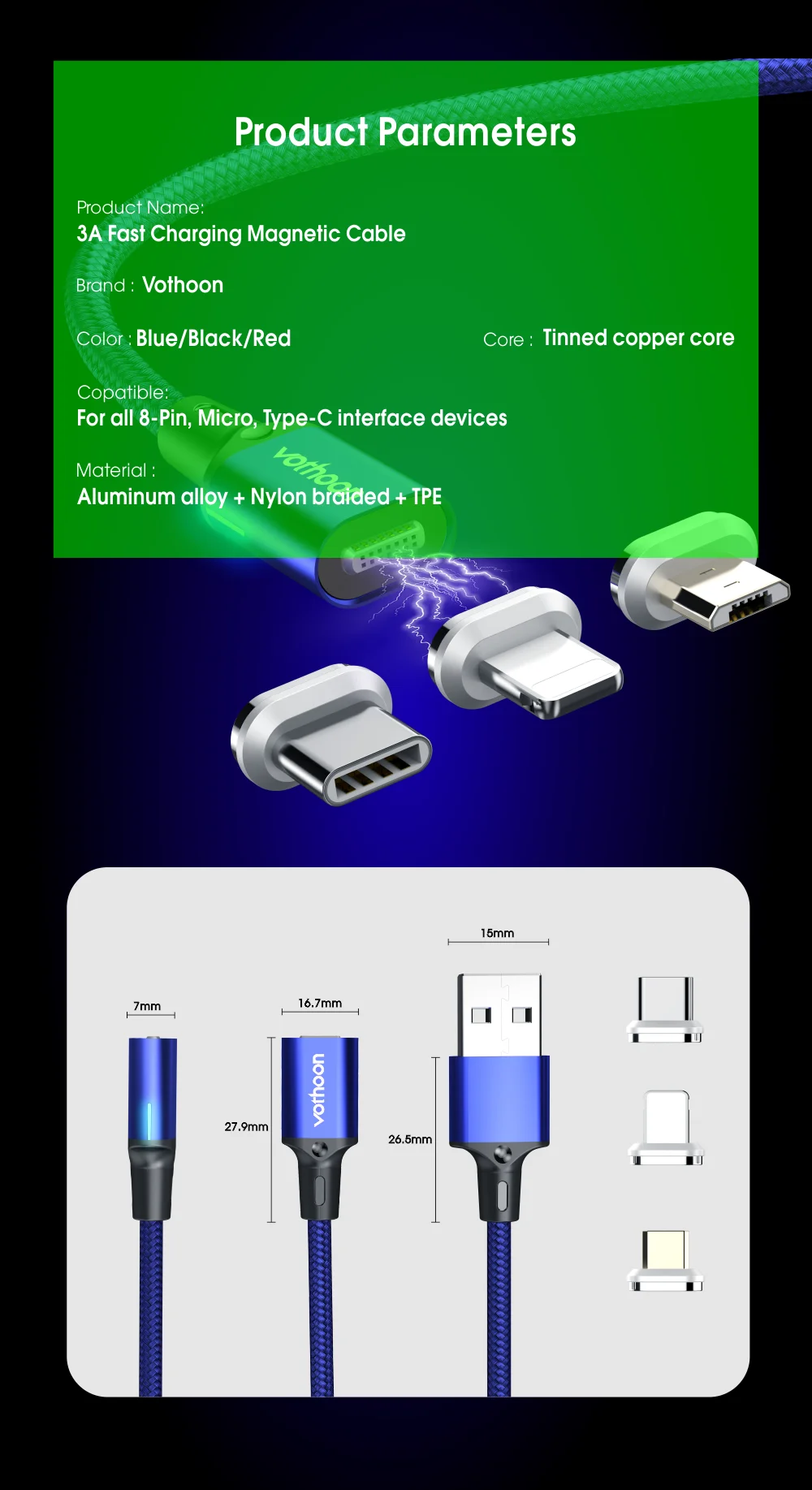 Vothoon 3A fast charger usb cable 3 in 1 magnetic charging cable - ANKUX.COM
