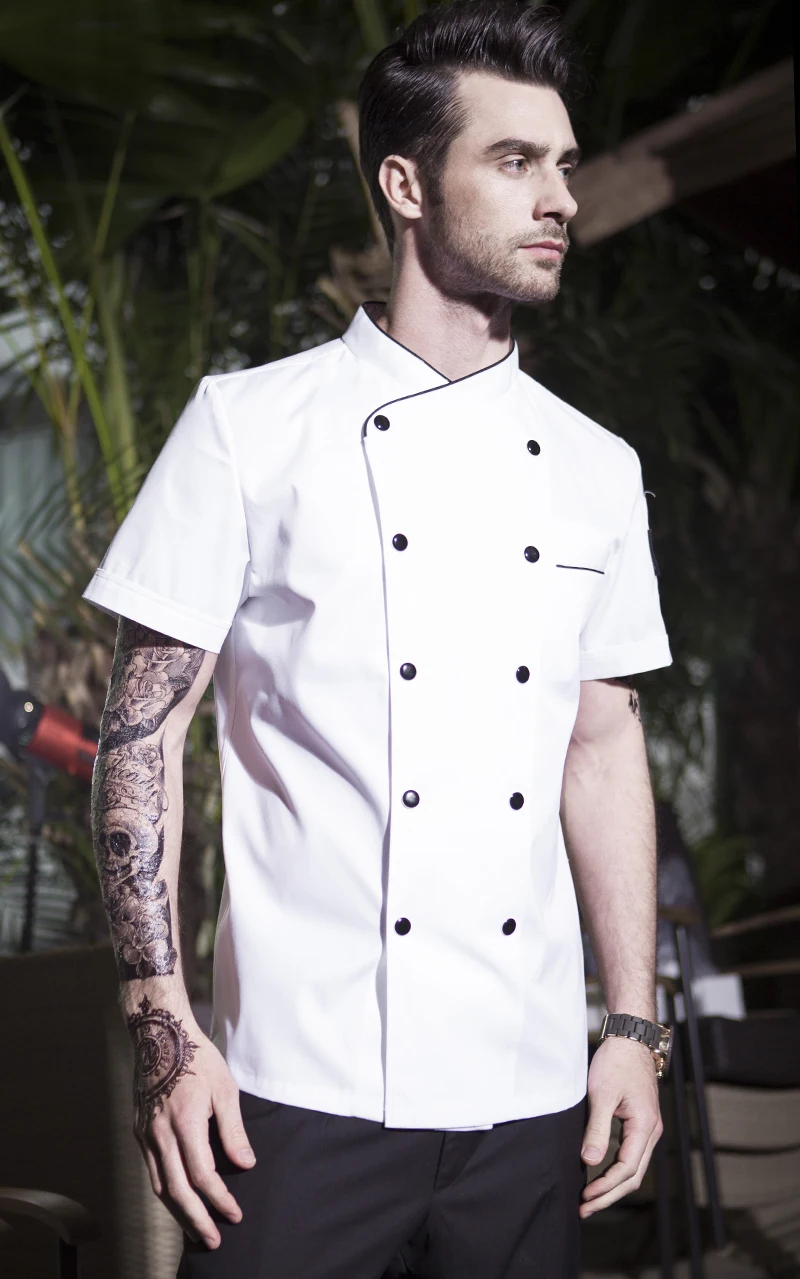 签出版高质量短袖双乳白色厨师外套的男人 - buy chef jacket white