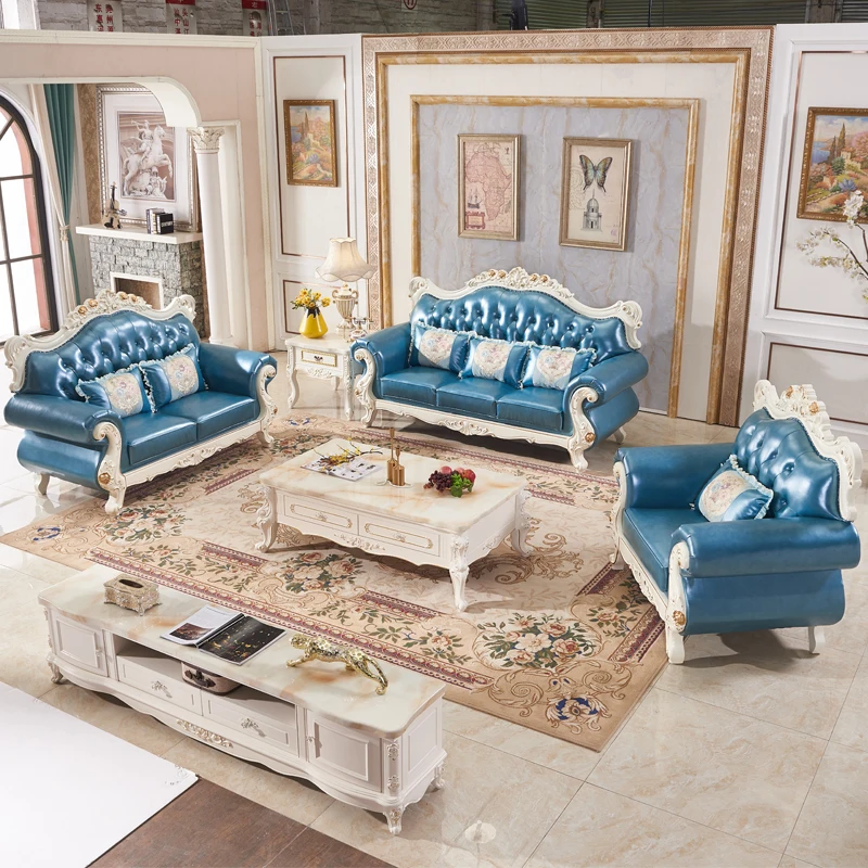 European Solid Wood Carved Leather Sofa Set for Modern Living Room ...