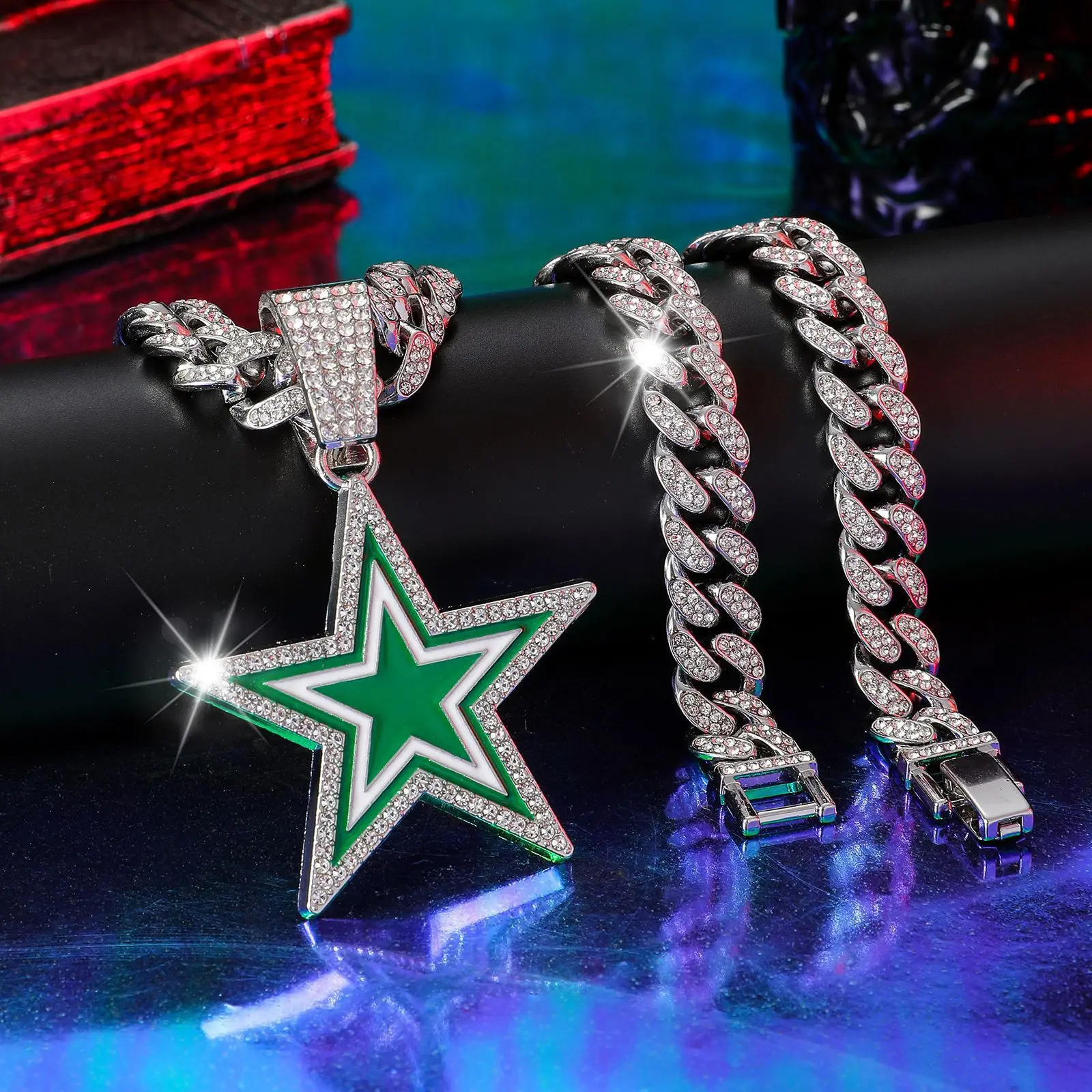 product european american style full diamond blue five pointed star pendant necklace fashionable hip hop design for men women for gift-20