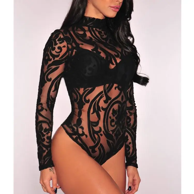 2019 Boutique Clothing Sexy Black formal Mesh Long Sleeve Bodysuit Bodycon Jumpsuit