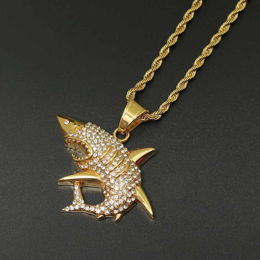 不锈钢珠宝鲨鱼吊坠项链嘻哈珠宝男士sn162