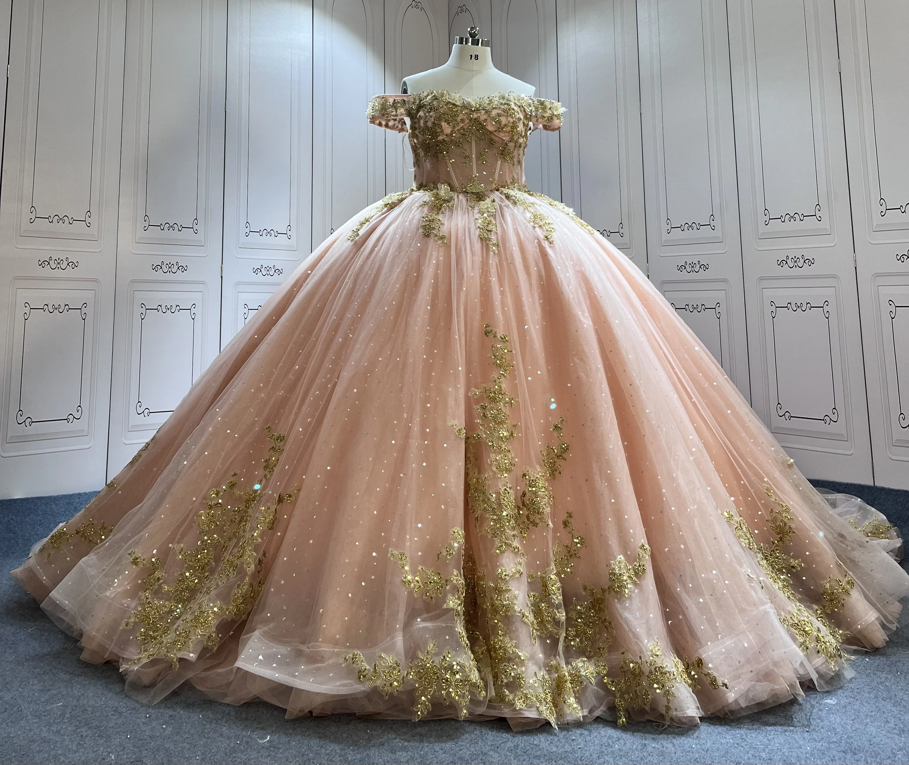 rose gold dress 15 Glitter Rose Gold Quinceanera Dress Bow Off Shoulder Beads Shiny Sweet 16 Dress