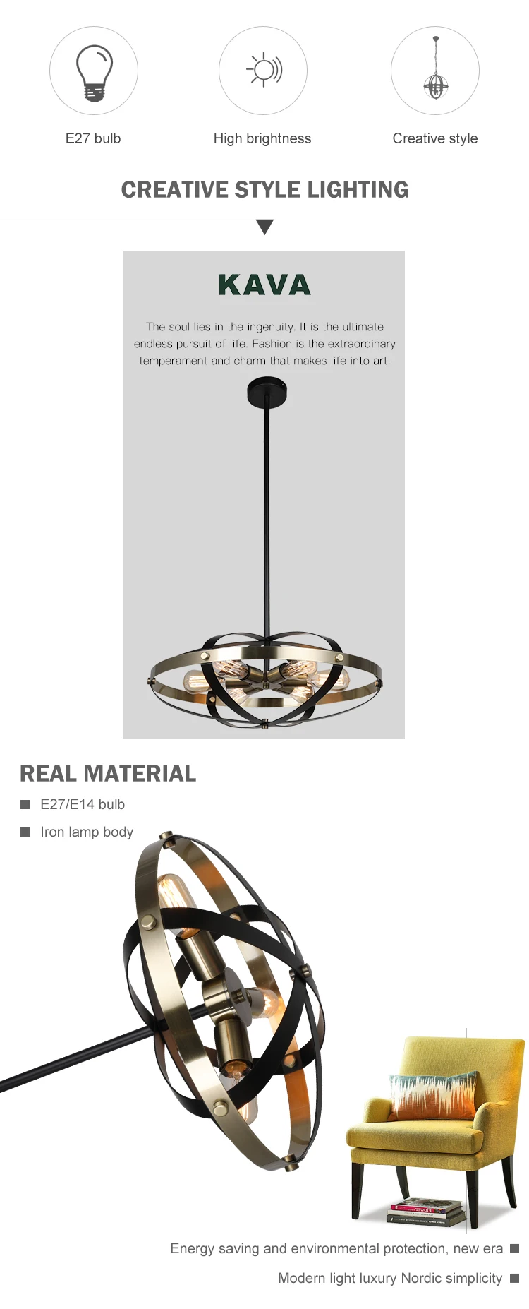 Post modern designer home hanging 3 head black antique brass color iron led pendant light