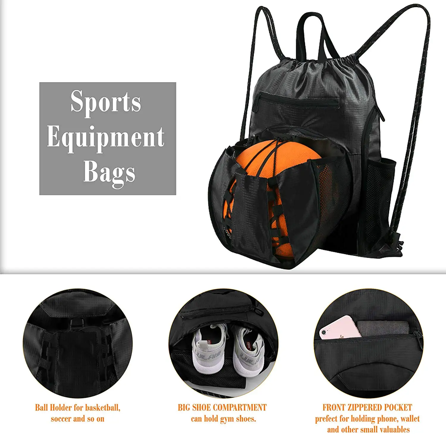 Gym Sport Equipment Bags Drawstring Basketball Backpack Bag With Ball ...