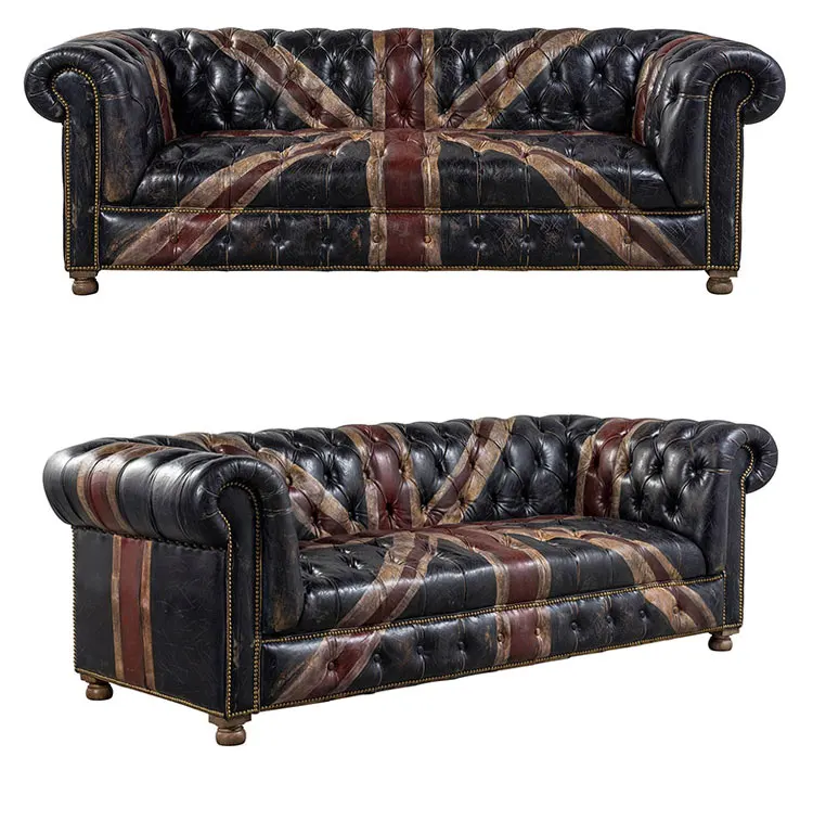European Industrial Button Tufted Sofa Set Vintage National Flag