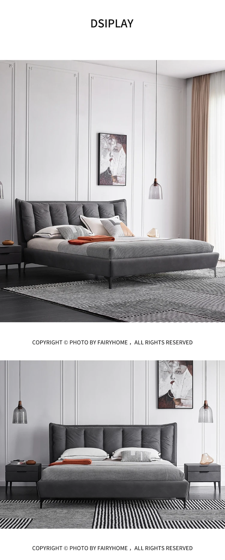 Modern Italian Wood Fabric Grey Tufted Custom King Queen Full Twin Size  Bedroom recamaras Furniture Upholstered Platform Bed