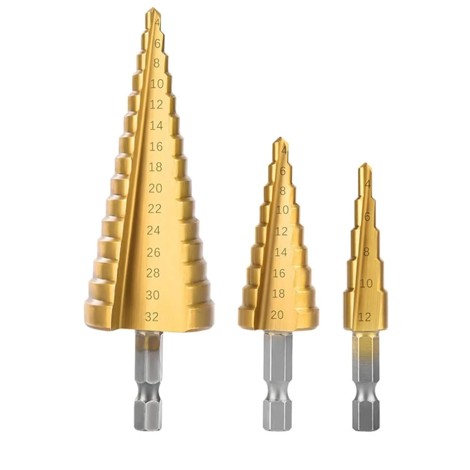 Hss 3pc 4241 4-12-20-32 Straight Groove Hexagon Shank Step Drill Bit ...