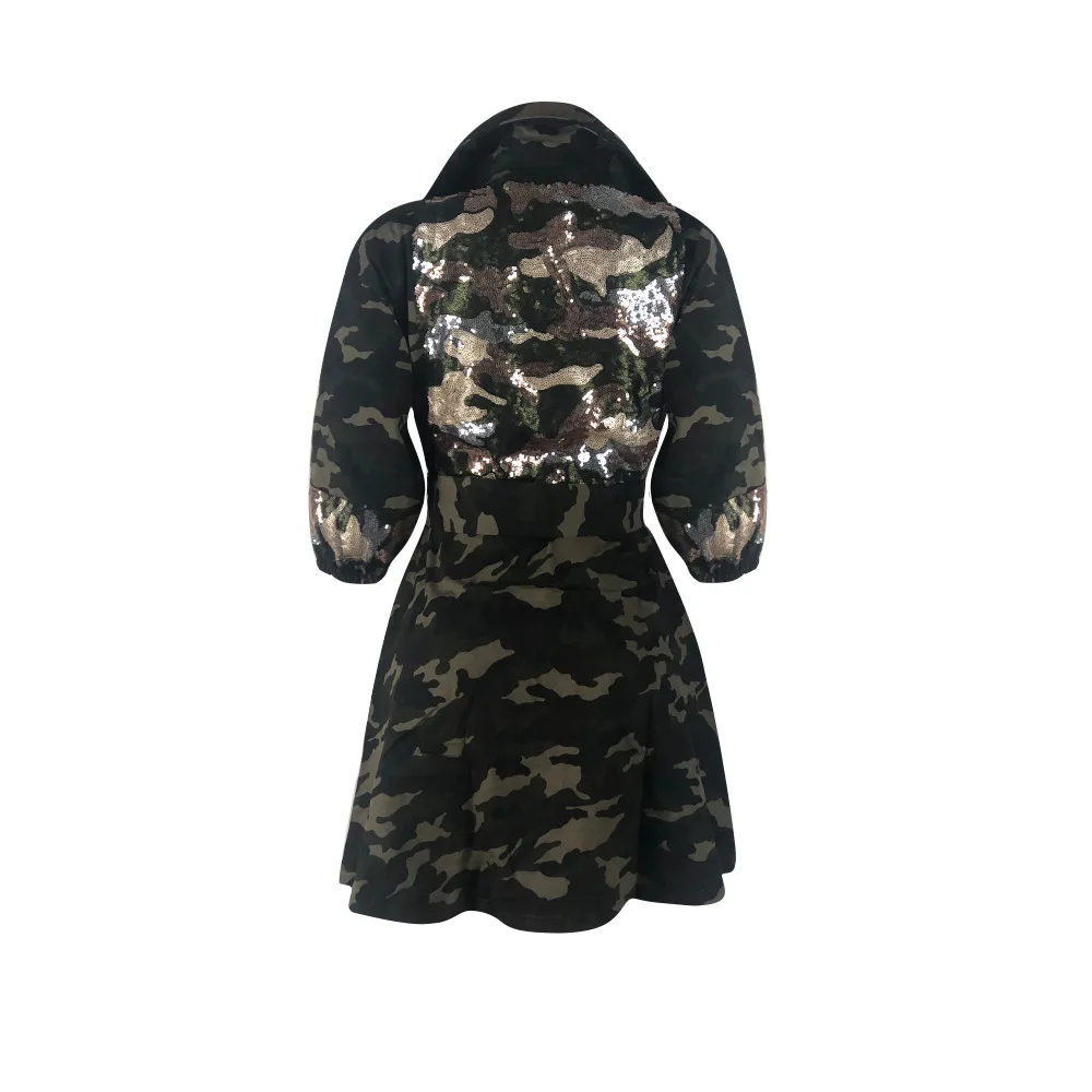 Camo Jacket Women Belted Long Sleeve Patchwork Camouflage Camo Winter Autumn Fall Fashion Sequin Jacket for Ladies RS00157