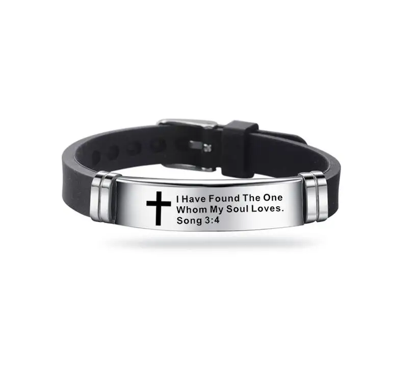 New Design Bible Verse Bracelets Men Silicone Bracelet Bible Prayer Quotes Christian Prayer Cross Engraved Statement Bracelet