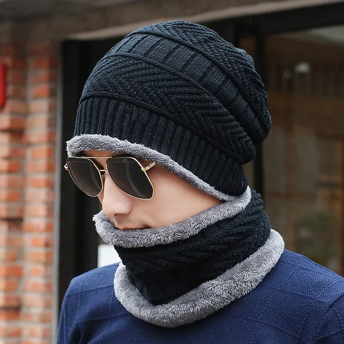 Winter Knitted Hat Scarf Set Warm Thicken Fleece Men Beanie Hat Scarf Set Solid Knit Windproof Outdoor Ski Cap Ring Scarf