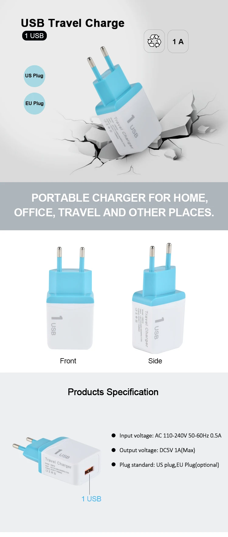 International Travel Adaptor Output Single USB 1A Mini Us Eu Plug Charger Adapter